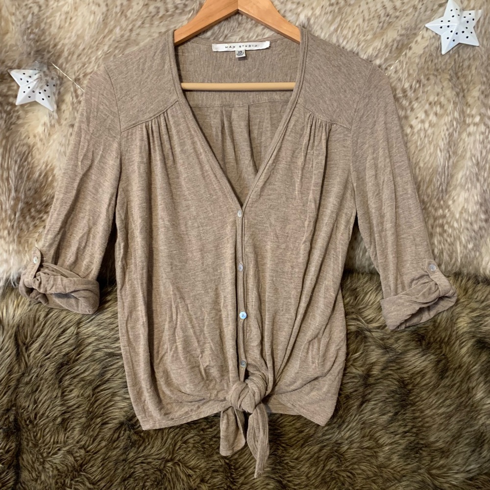 Max Studio Tie Front Button Down Top - Picture 5 of 5